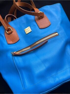 Dooney & Bourke Bright Blue Leather Tote with Brown Trim and Gold Hardware
